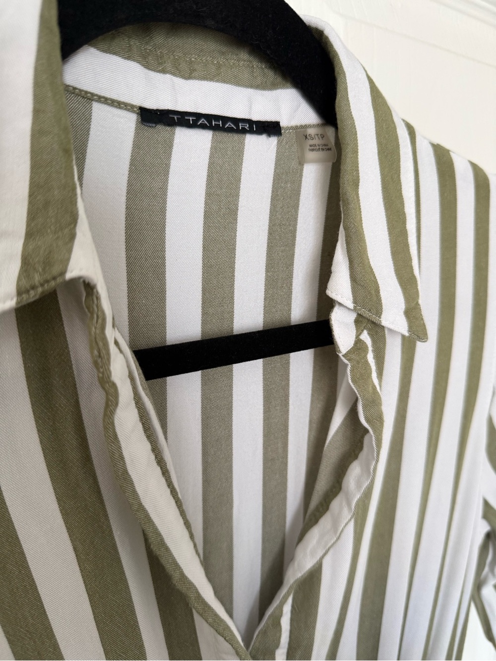 T Tahari Olive and White Stripped Belted Shirtdress - Picture 4 of 12